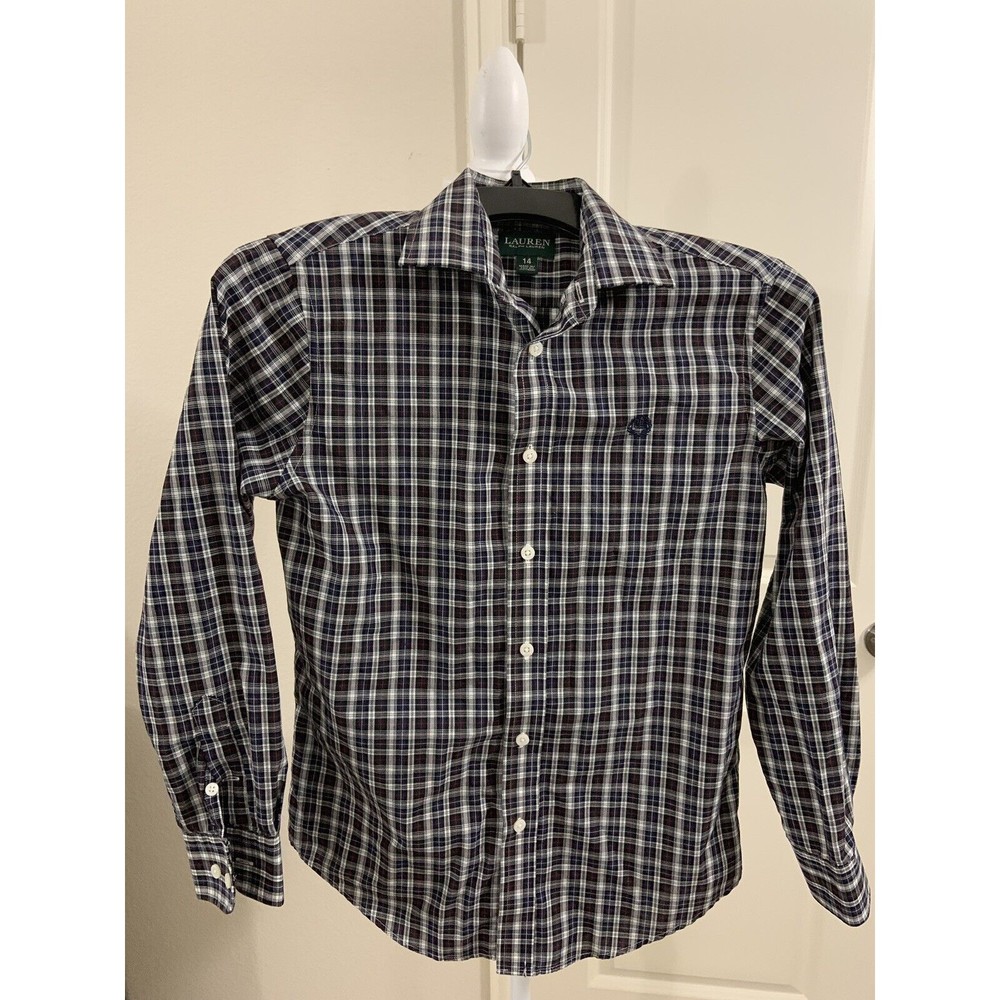 Lauren Ralph Lauren Boys Button Front Long Sleeve Blue Plaid Shirt Sz 14 Blue